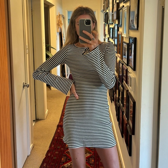 Princess Polly Bryanna Stripe Black White Bell Flare Sleeve Ribbed Mini Dress - Picture 11 of 12